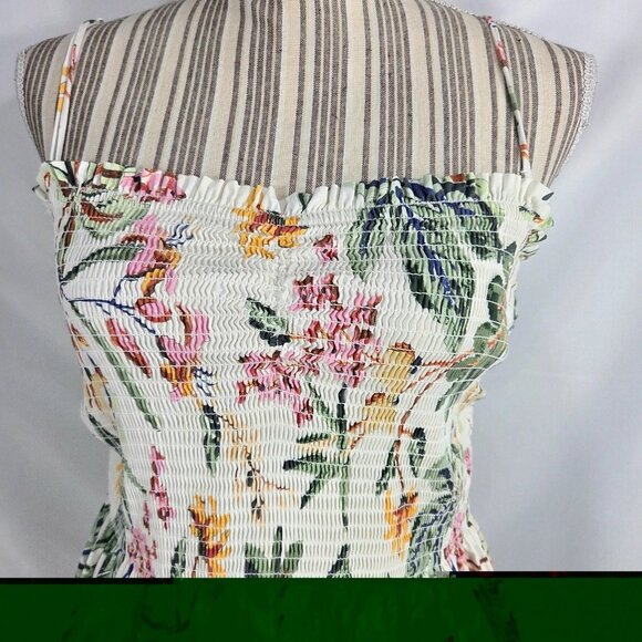 H&M White w/Multi Floral Print Removable Spaghetti Strap Smocked Top Dress Large - Picture 2 of 9